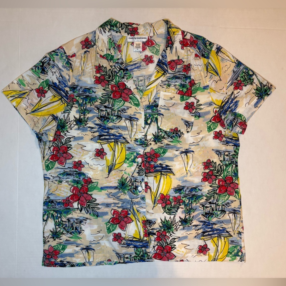 Cathy Daniel’s short sleeve blouse aloha-style sail boats tropical floral XL